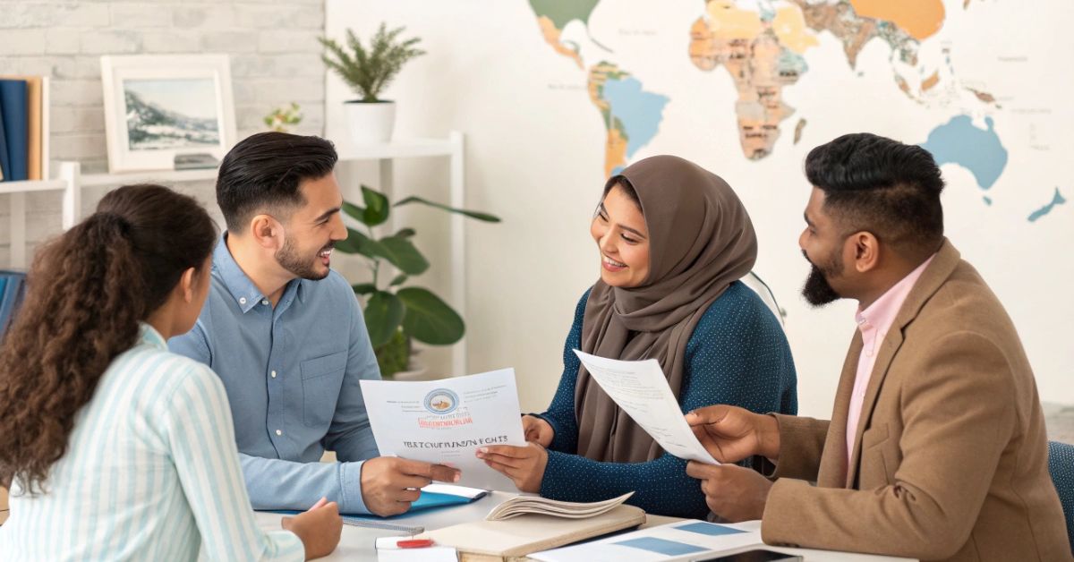Immigration Consultants in Kerala reviewing visa documents with a global map background.